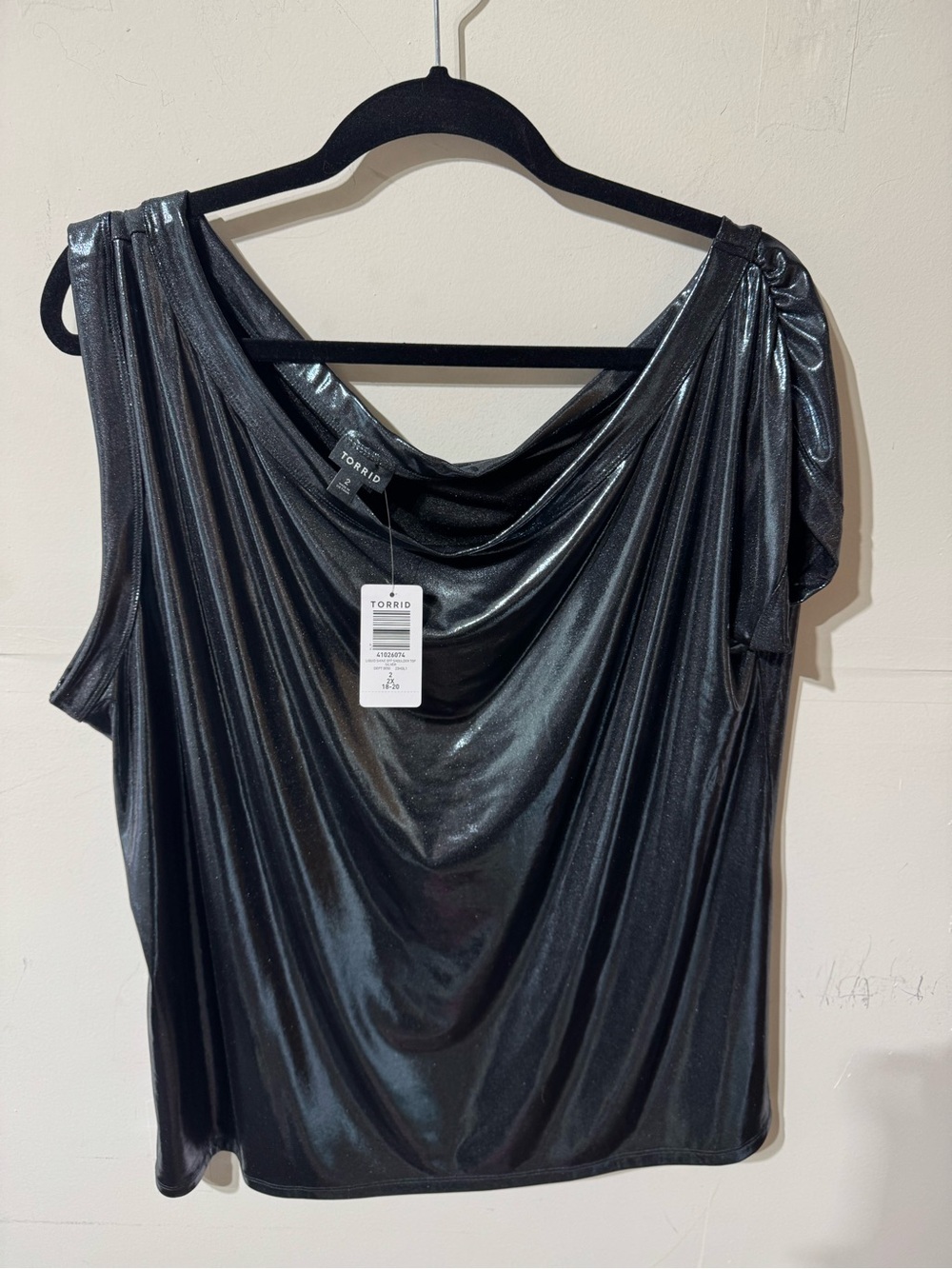 torrid Metallic Black Draped One-Shoulder Top